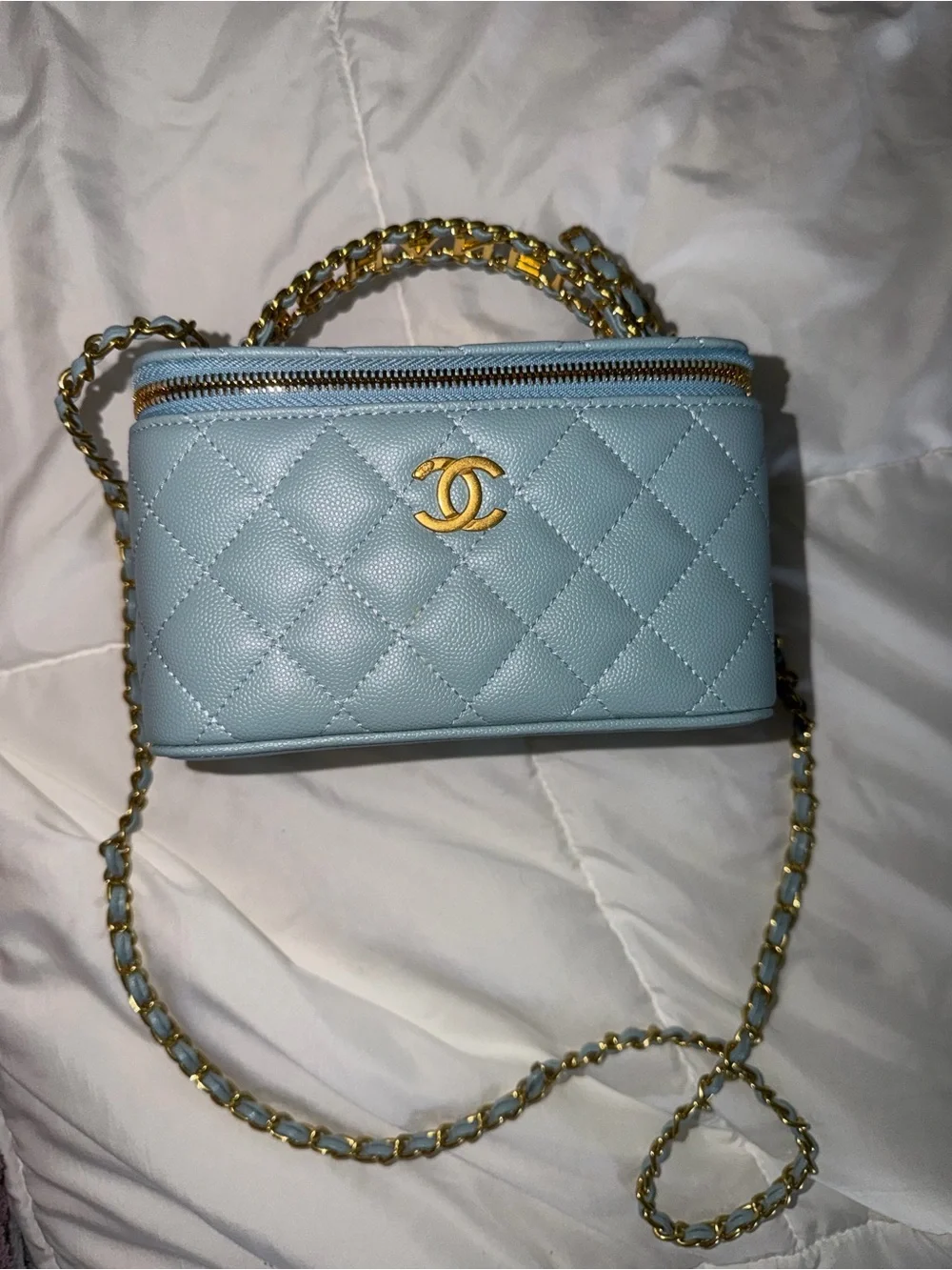 CHANEL Light Blue Quilted Vanity Crossbody with Gold Hardware